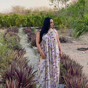 AKAA Flower One shoulder Maxi Dress size LARGE. Summer, purple, green, blue.